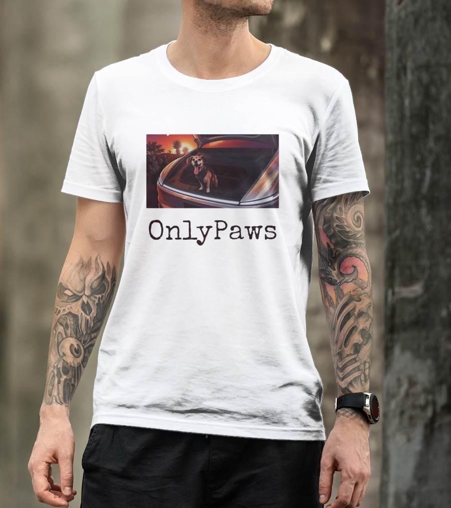 OnlyPaws Dog In Car Trunk At Sunset Desert Scene T-Shirt