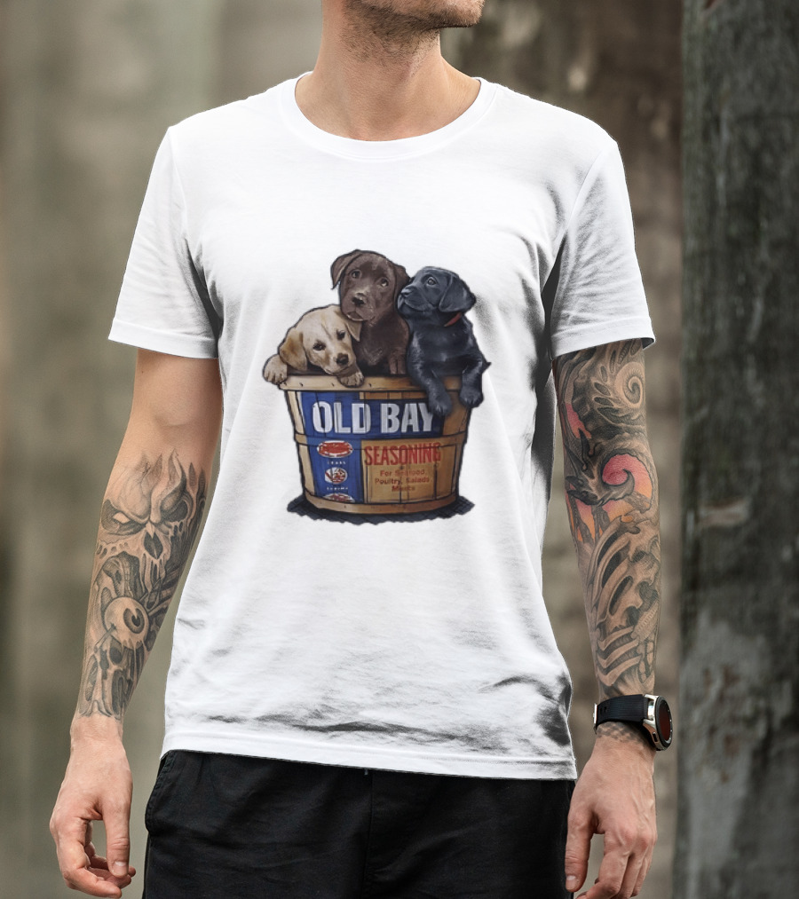 Old Bay Seasoning Labrador Puppies In Bushel Basket For Seafood Poultry Salads Meats T-Shirt