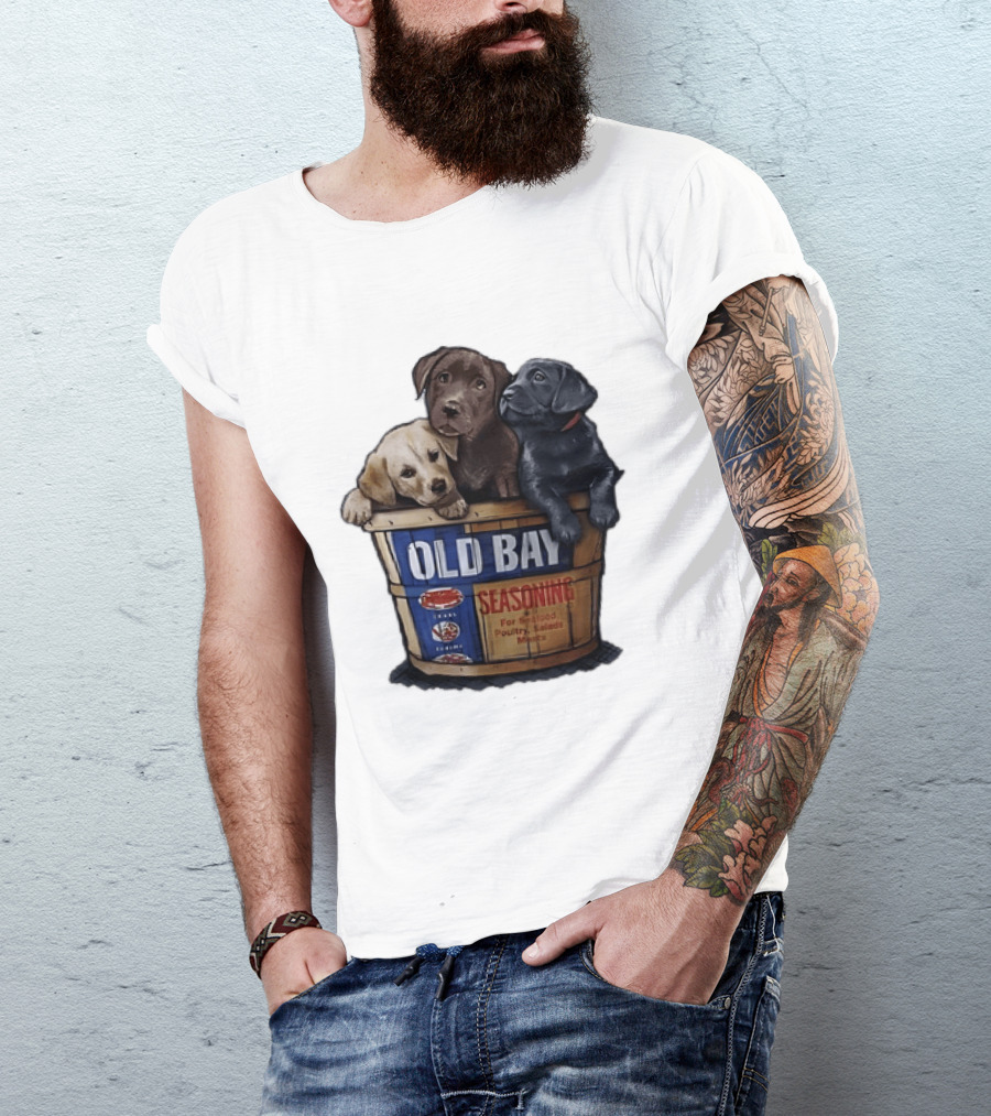 Old Bay Seasoning Labrador Puppies In Bushel Basket For Seafood Poultry Salads Meats T-Shirt