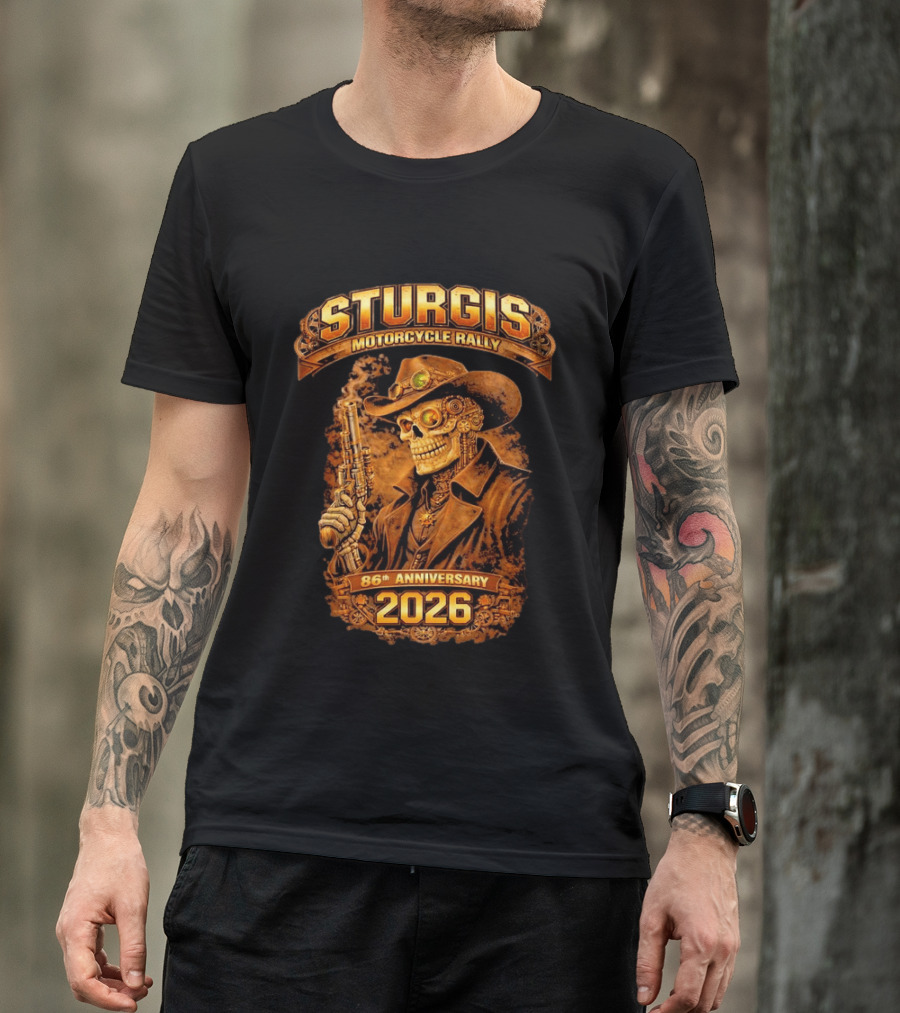 Sturgis Motorcycle Rally 2026 86th Anniversary Steampunk Cowboy Skull T-Shirt