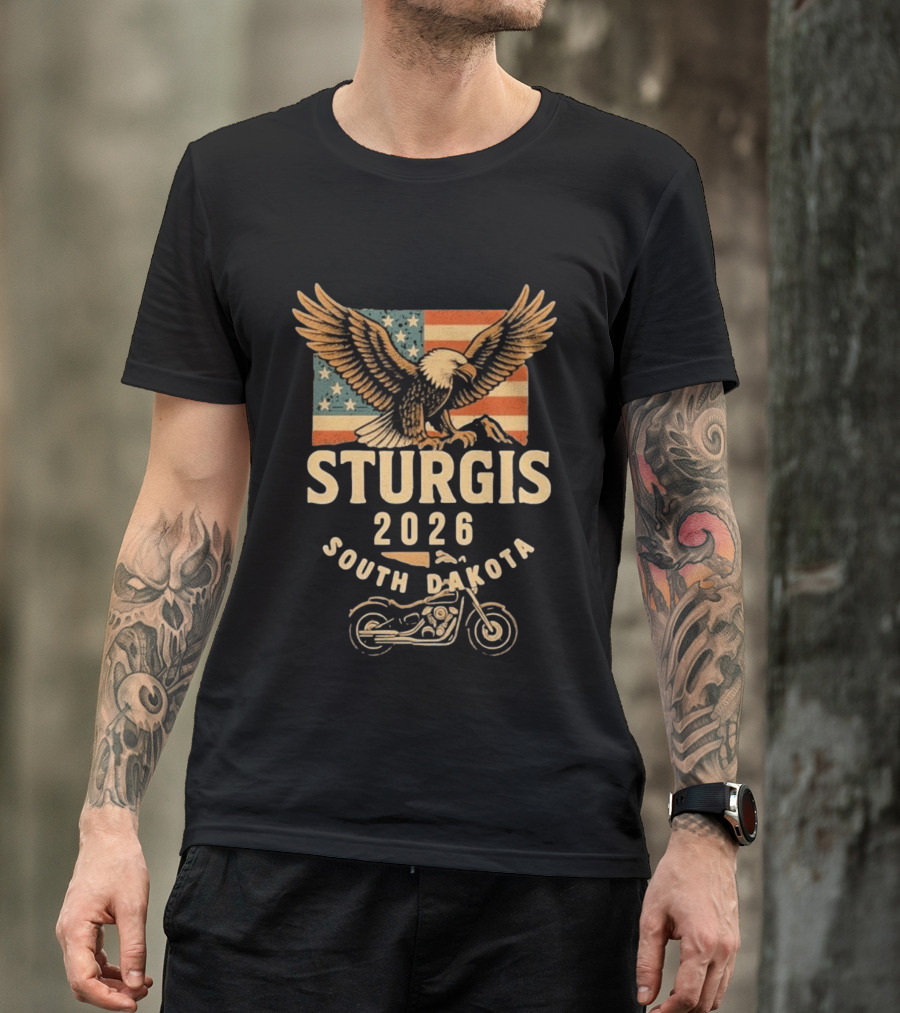 Sturgis 2026 American Flag Eagle South Dakota Motorcycle Bike Week T-Shirt