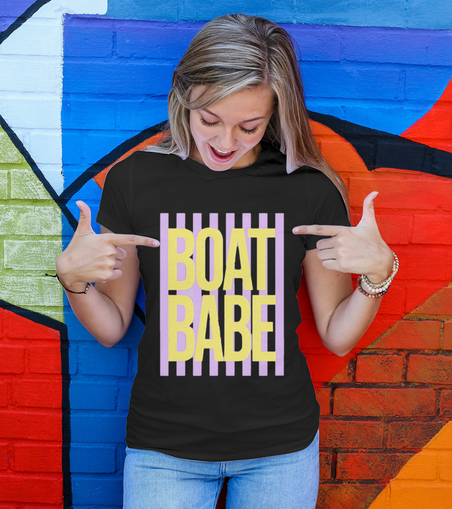 Boat Babe Distressed Striped Nautical Violet Yellow Letters T-Shirt
