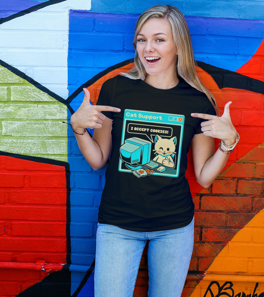 Cat Support I Accept Cookies Computer Cartoon Comic T-Shirt