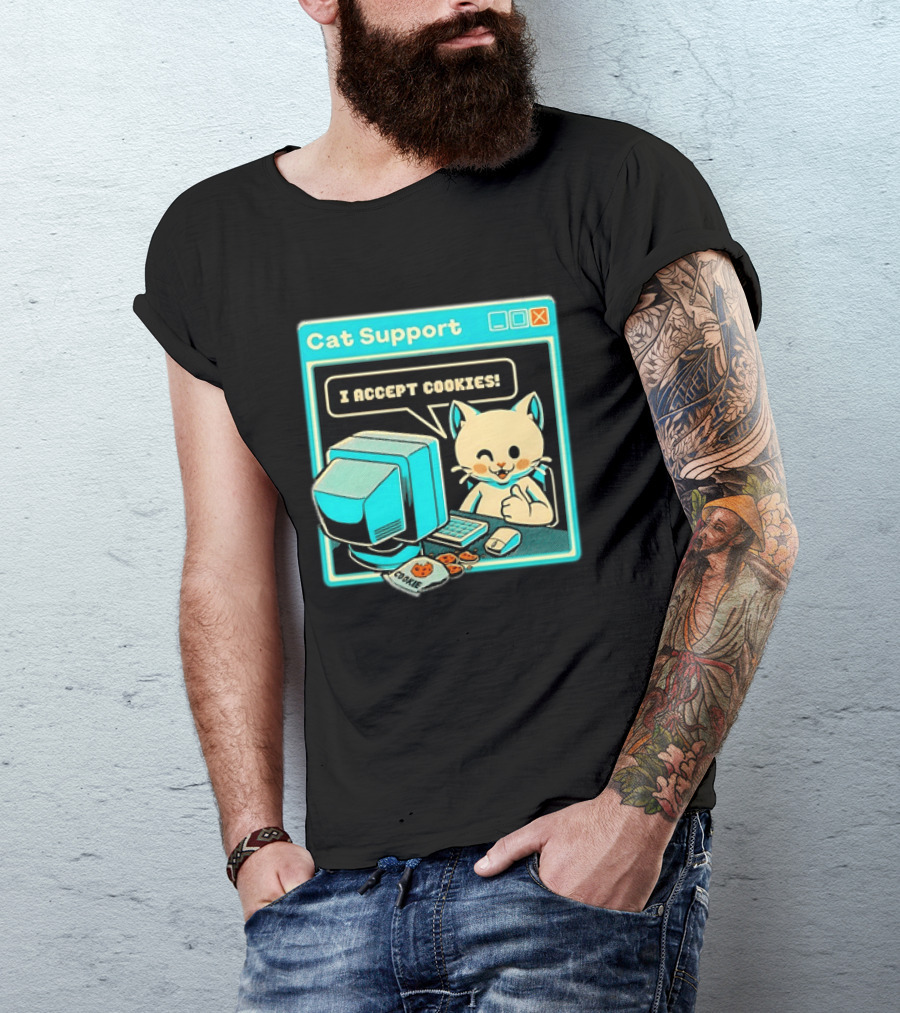 Cat Support I Accept Cookies Computer Cartoon Comic T-Shirt