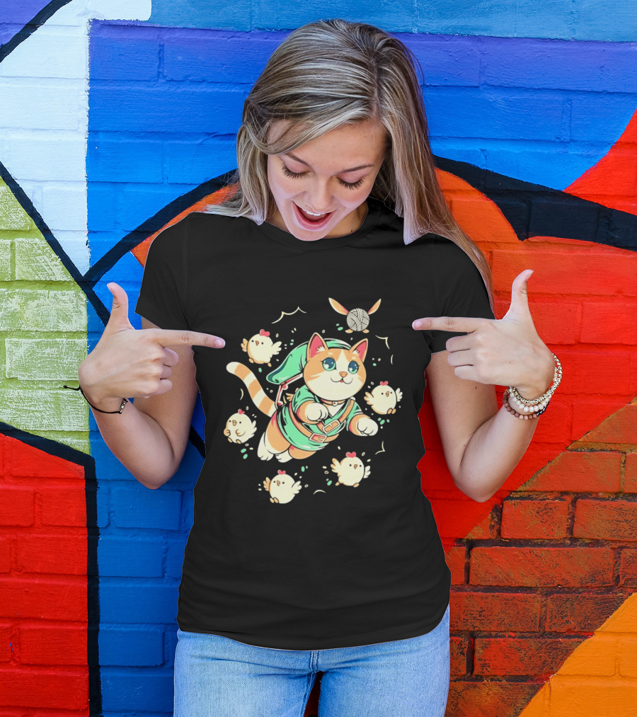 Fantasy Adventurer Cat In Green Tunic With Chickens And Yarn Ball T-Shirt
