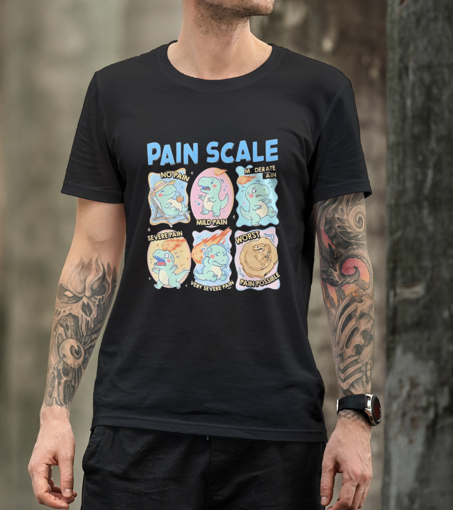 Pain Scale Cartoon Dinosaur Chart No Pain To Worst Pain Possible T-Shirt