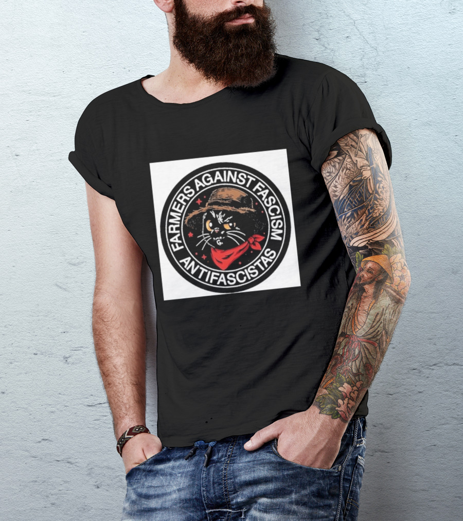 Farmers Against Fascism Antifascistas Cat Straw Hat Red Bandana T-Shirt