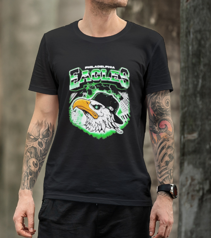 Philadelphia Eagles Mascot With Baseball Cap And City Skyline T-Shirt