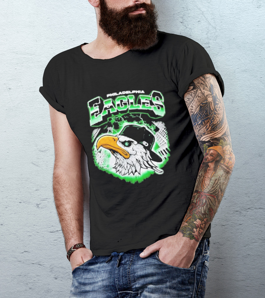 Philadelphia Eagles Mascot With Baseball Cap And City Skyline T-Shirt