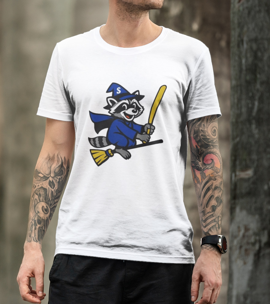 Seattle Mariners Jimothy The Etsy Witch Raccoon Flying Broomstick T-Shirt