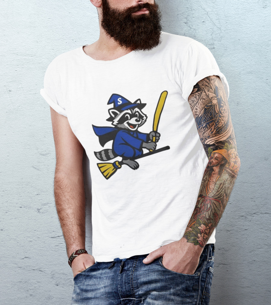 Seattle Mariners Jimothy The Etsy Witch Raccoon Flying Broomstick T-Shirt