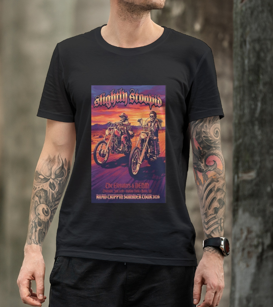 Slightly Stoopid Road Trippin Summer Tour 2026 The Elovaters DENM Boise Thursday July 30 Outlaw Field T-Shirt
