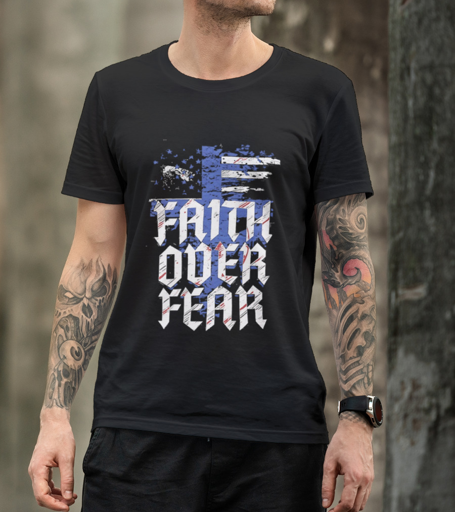 Faith Over Fear Distressed American Flag Cross T-Shirt
