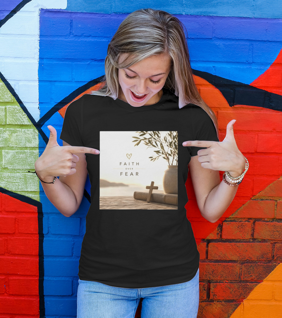 Faith Over Fear Christian Cross Heart With Bible And Olive Branches T-Shirt