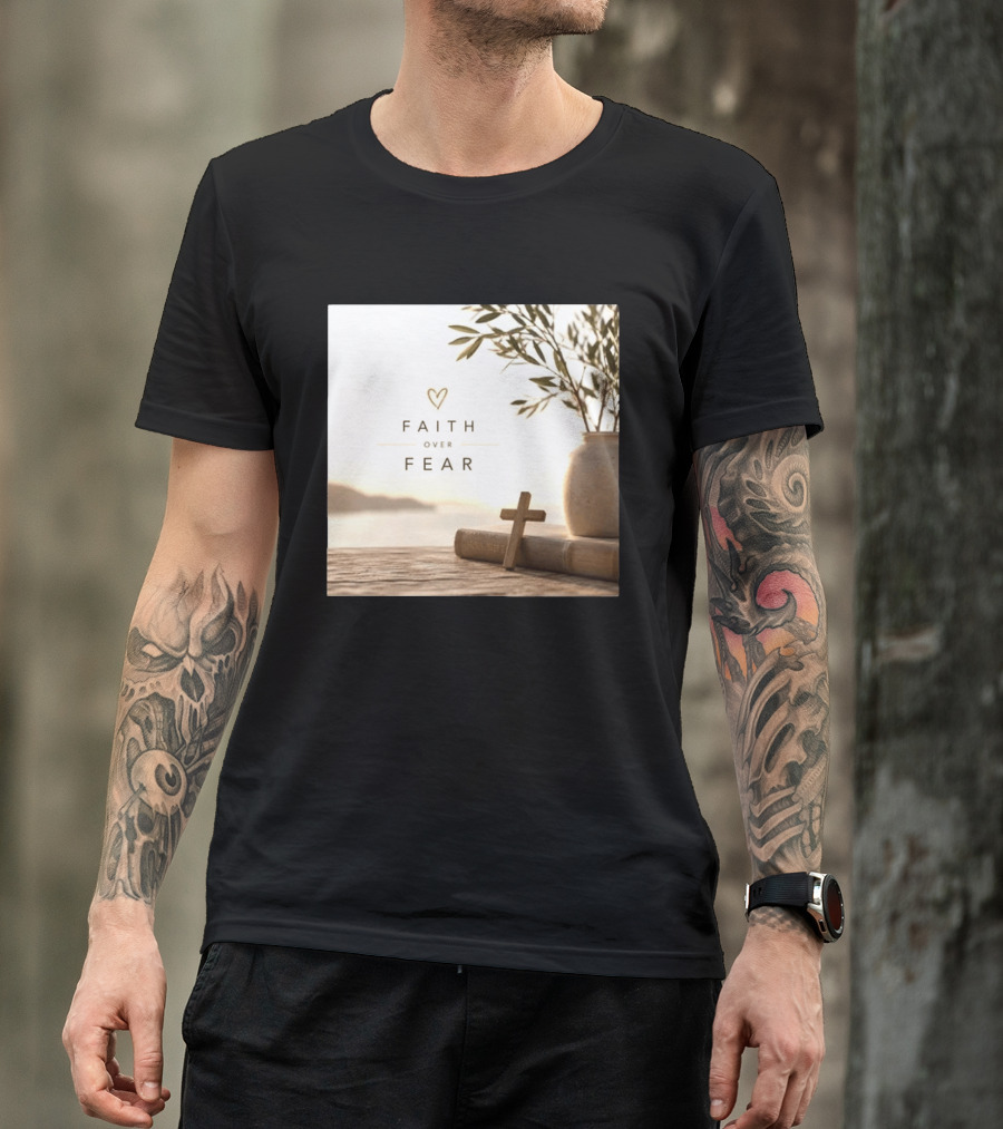 Faith Over Fear Christian Cross Heart With Bible And Olive Branches T-Shirt