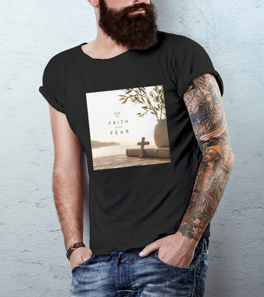 Faith Over Fear Christian Cross Heart With Bible And Olive Branches T-Shirt