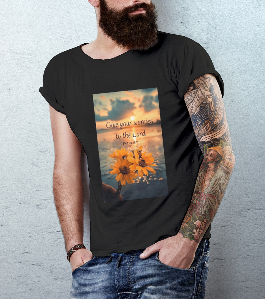Give Your Worries To The Lord 1 Peter 5:7 Yellow Flowers At Sunset With Ocean T-Shirt
