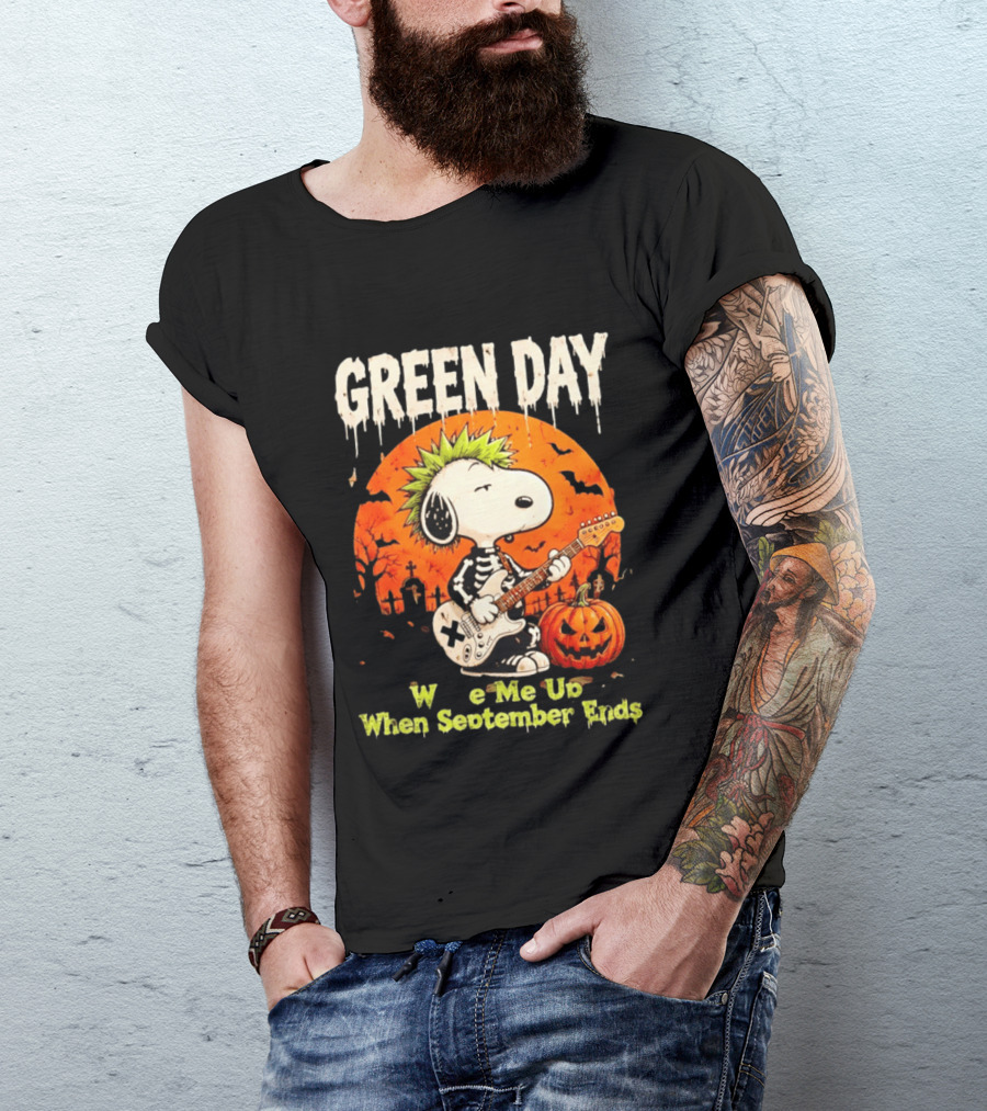 Green Day Snoopy Skeleton Guitar Wake Me Up When September Ends Halloween Pumpkin T-Shirt