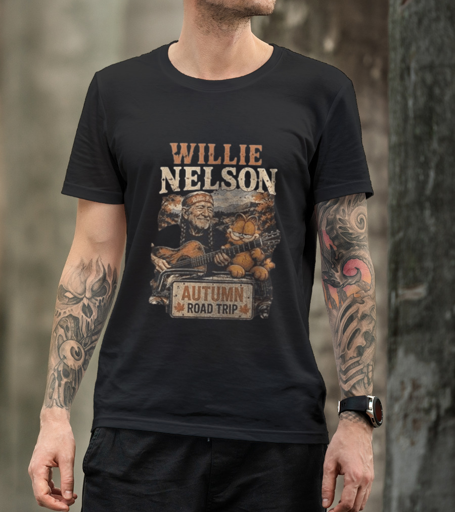 Willie Nelson Autumn Road Trip With Orange Cat T-Shirt
