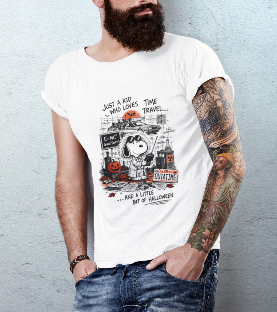 Snoopy Just A Kid Who Loves Time Travel Halloween Pumpkin Scene T-Shirt