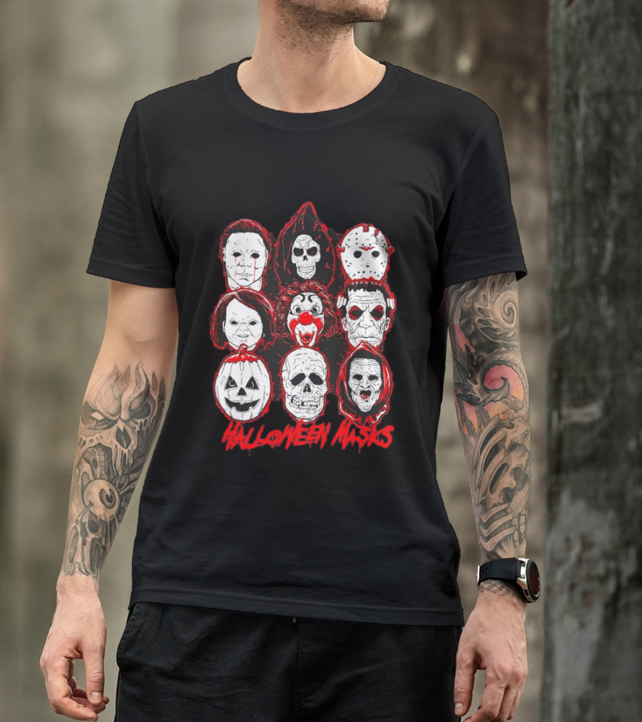 Horror Movie Characters Halloween Masks Skeleton Clown Jack O' Lantern T-Shirt