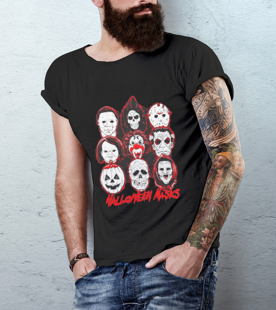 Horror Movie Characters Halloween Masks Skeleton Clown Jack O' Lantern T-Shirt