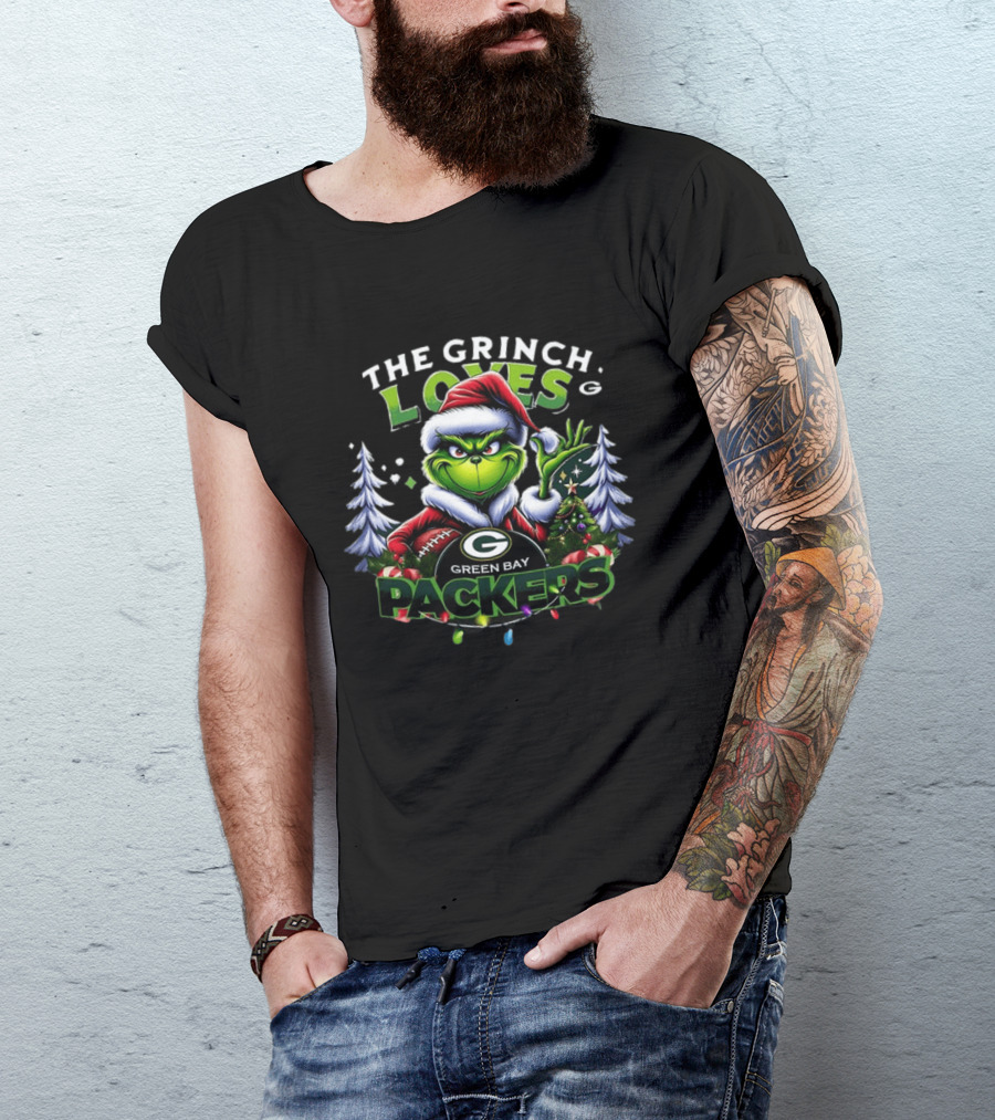 The Grinch Loves Green Bay Packers Christmas Tree Football T-Shirt