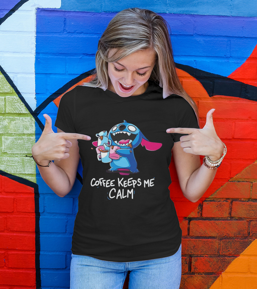 Stitch Coffee Keeps Me Calm Cute Character Drinking Coffee T-Shirt