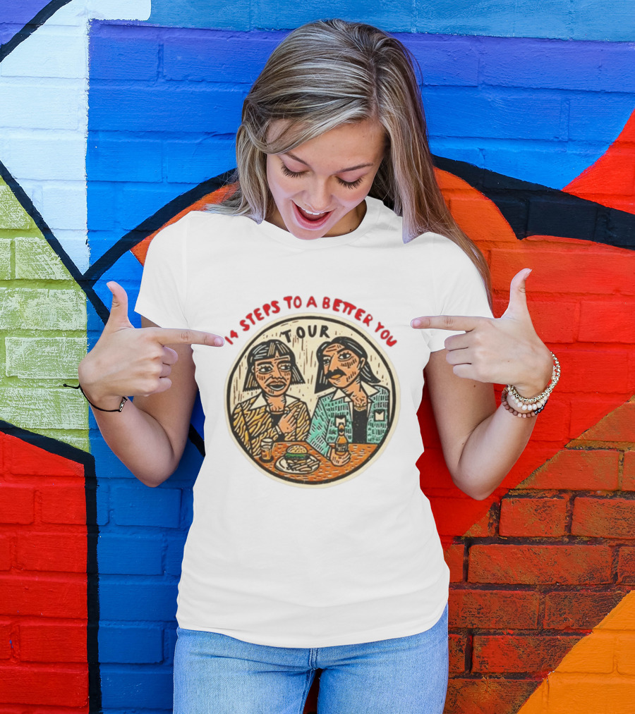 14 Steps To A Better You Tour Oval Illustration With Two Seated Individuals T-Shirt