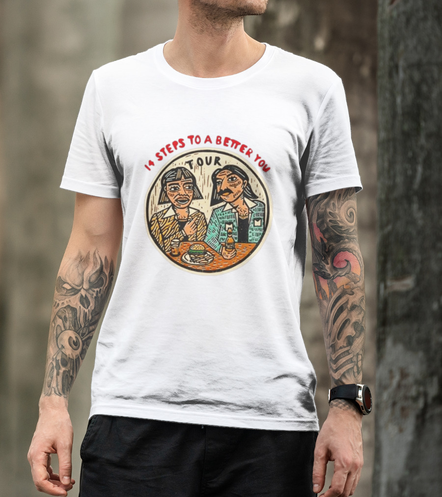 14 Steps To A Better You Tour Oval Illustration With Two Seated Individuals T-Shirt