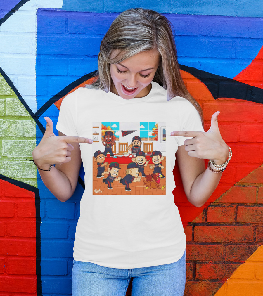 Cincinnati Reds Thanksgiving Chaos Cartoon Scene With Characters And Turkey T-Shirt