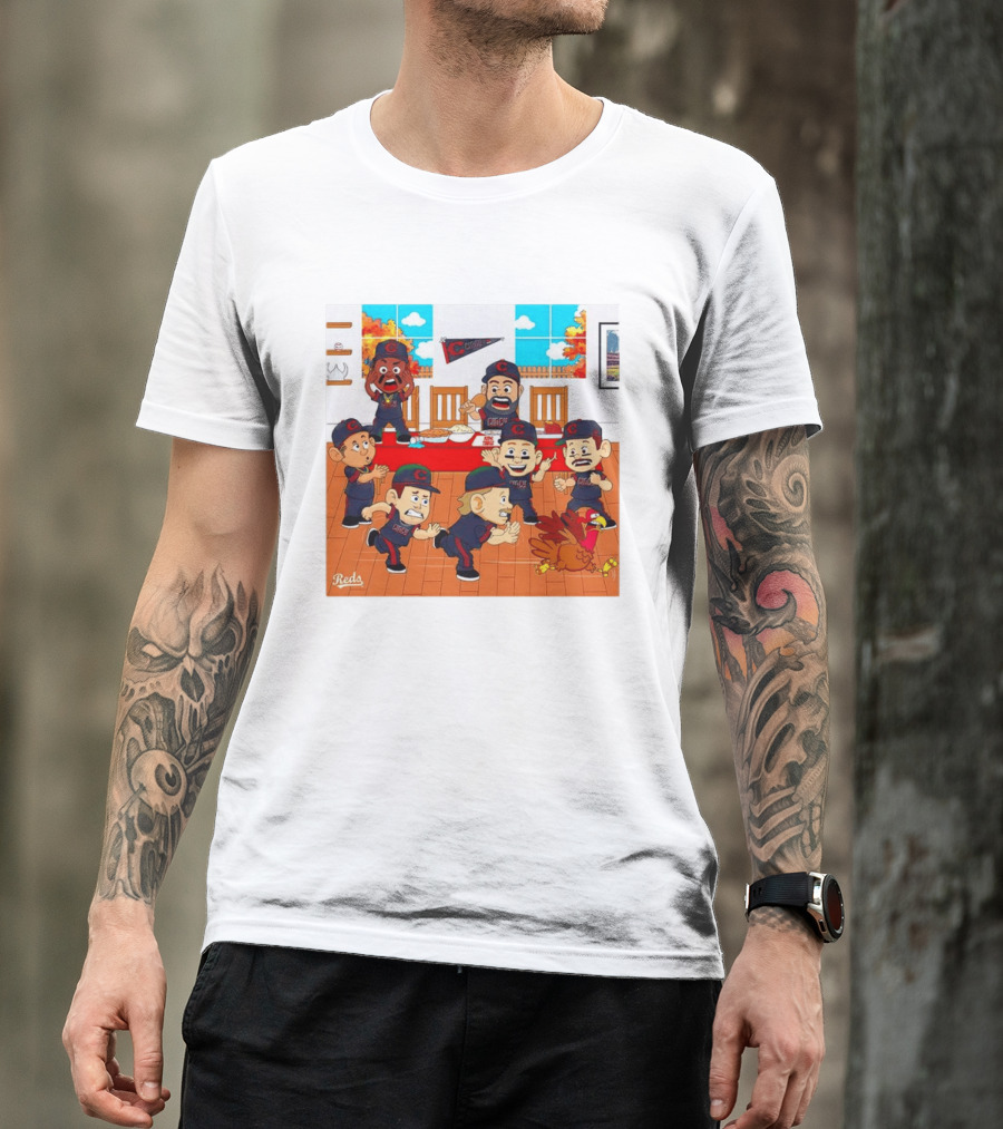 Cincinnati Reds Thanksgiving Chaos Cartoon Scene With Characters And Turkey T-Shirt