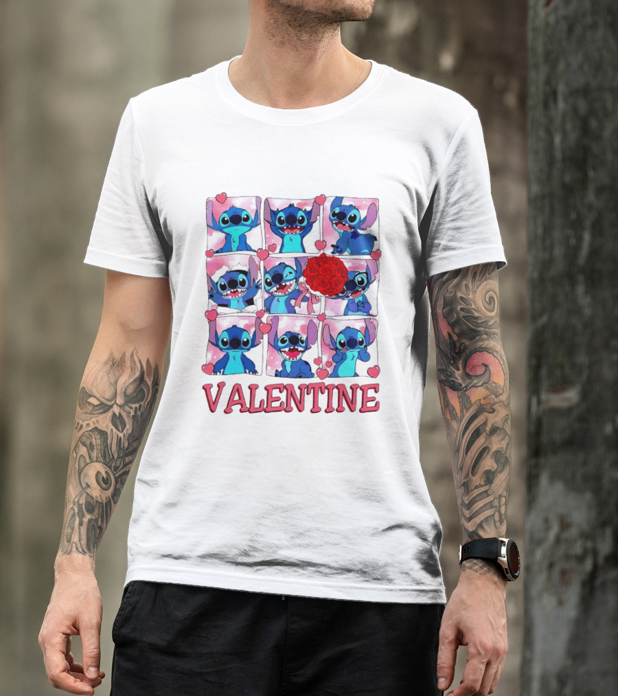 Disney Stitch Rose Flowers Valentine Love Hearts Happy Day T-Shirt