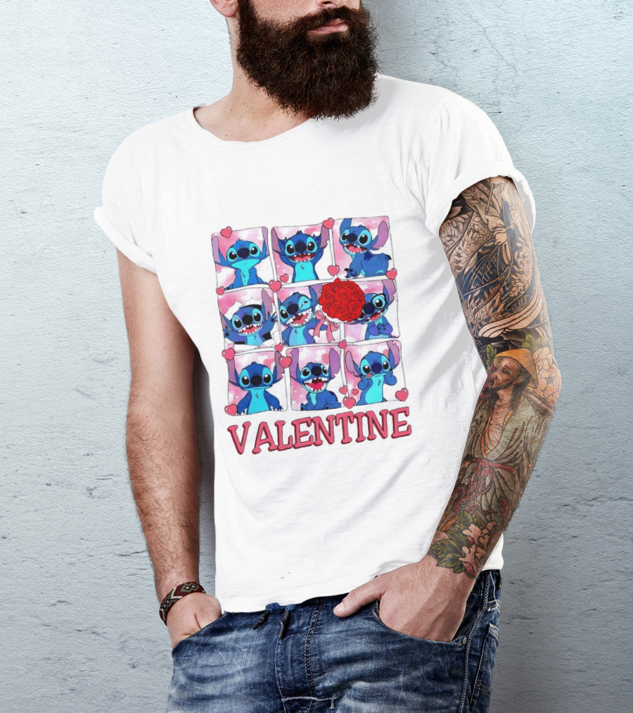 Disney Stitch Rose Flowers Valentine Love Hearts Happy Day T-Shirt