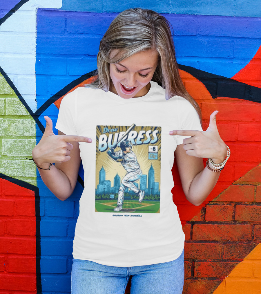 Drew Burress #8 Georgia Tech Baseball Comic Style Retro Cityscape T-Shirt