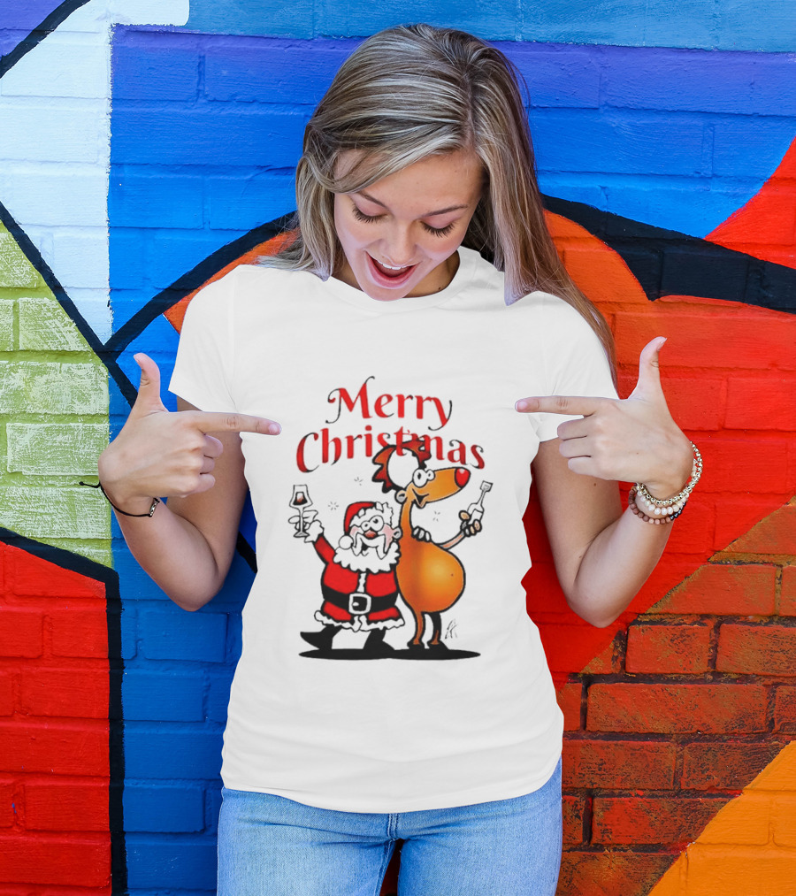 Merry Christmas Santa Claus And Reindeer Toast With Drinks T-Shirt