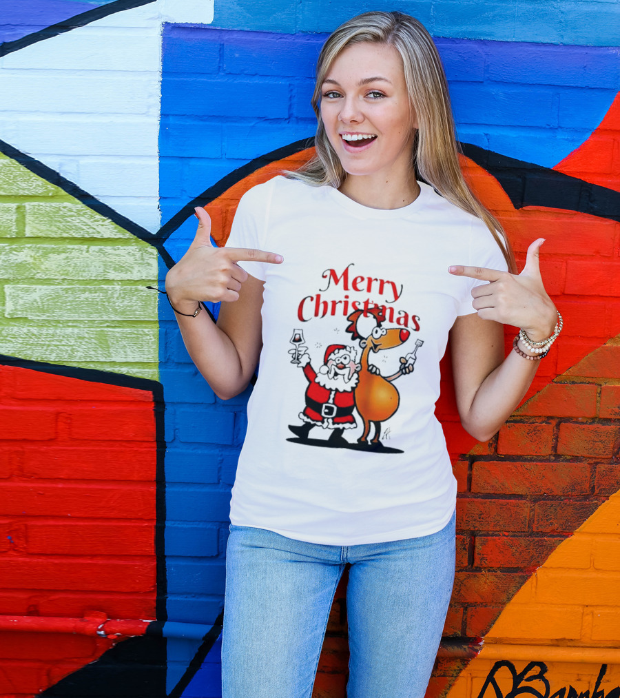 Merry Christmas Santa Claus And Reindeer Toast With Drinks T-Shirt
