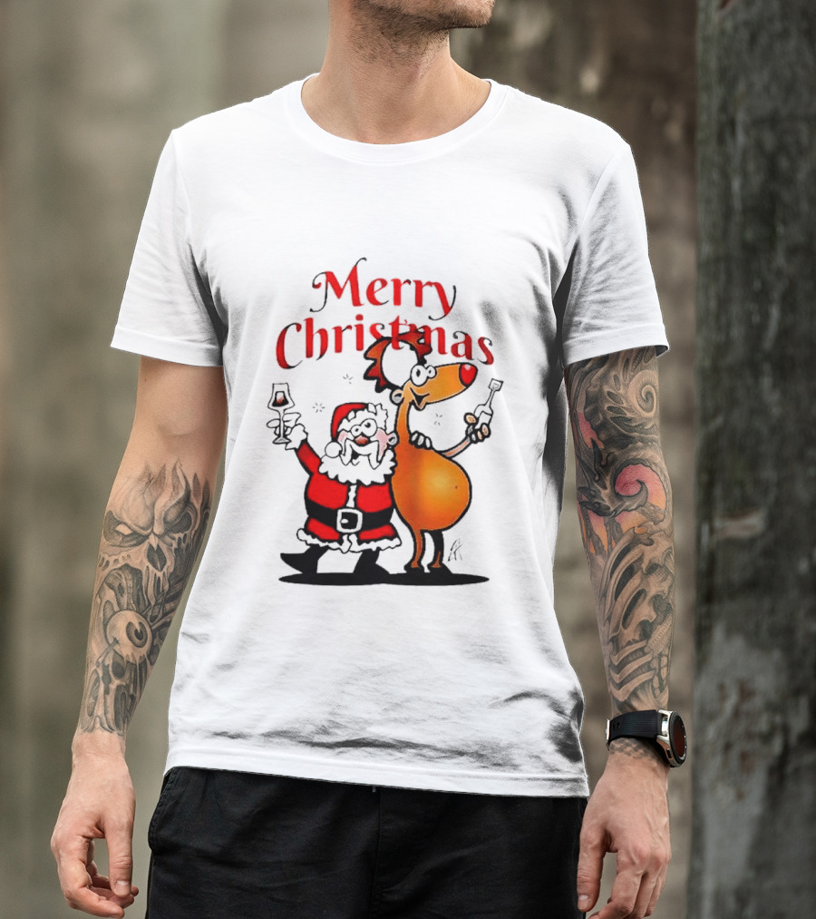 Merry Christmas Santa Claus And Reindeer Toast With Drinks T-Shirt