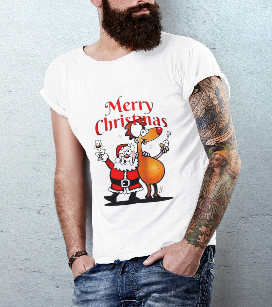 Merry Christmas Santa Claus And Reindeer Toast With Drinks T-Shirt