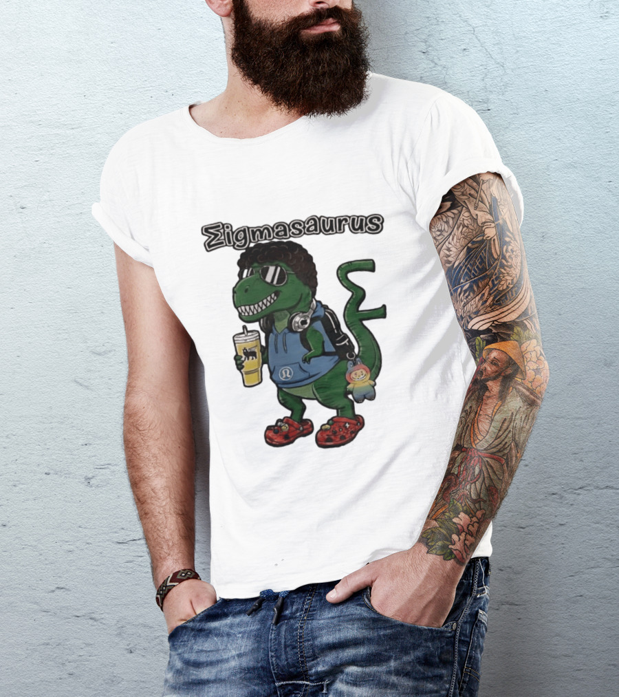 Sigmasaurus Rex Dinosaur Meme With Afro Sunglasses Headphones And Drink T-Shirt