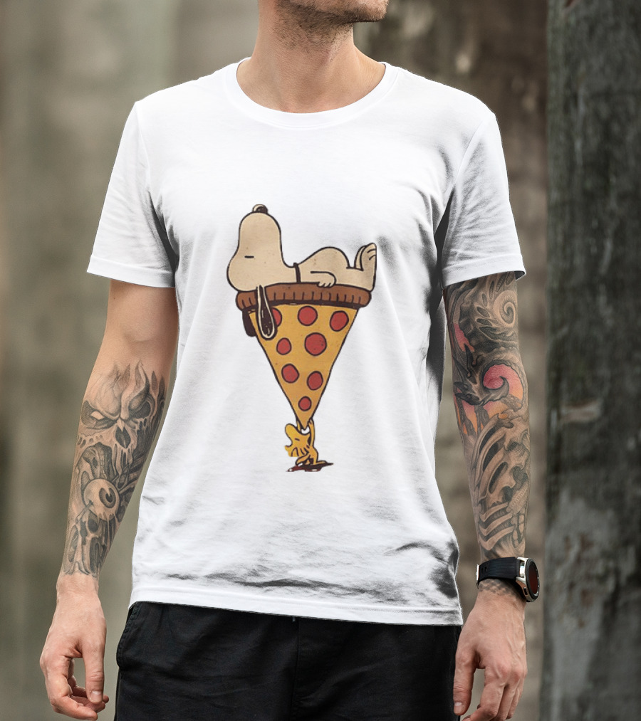 Snoopy Relaxing On Giant Pizza Slice With Woodstock Peanuts Collection T-Shirt