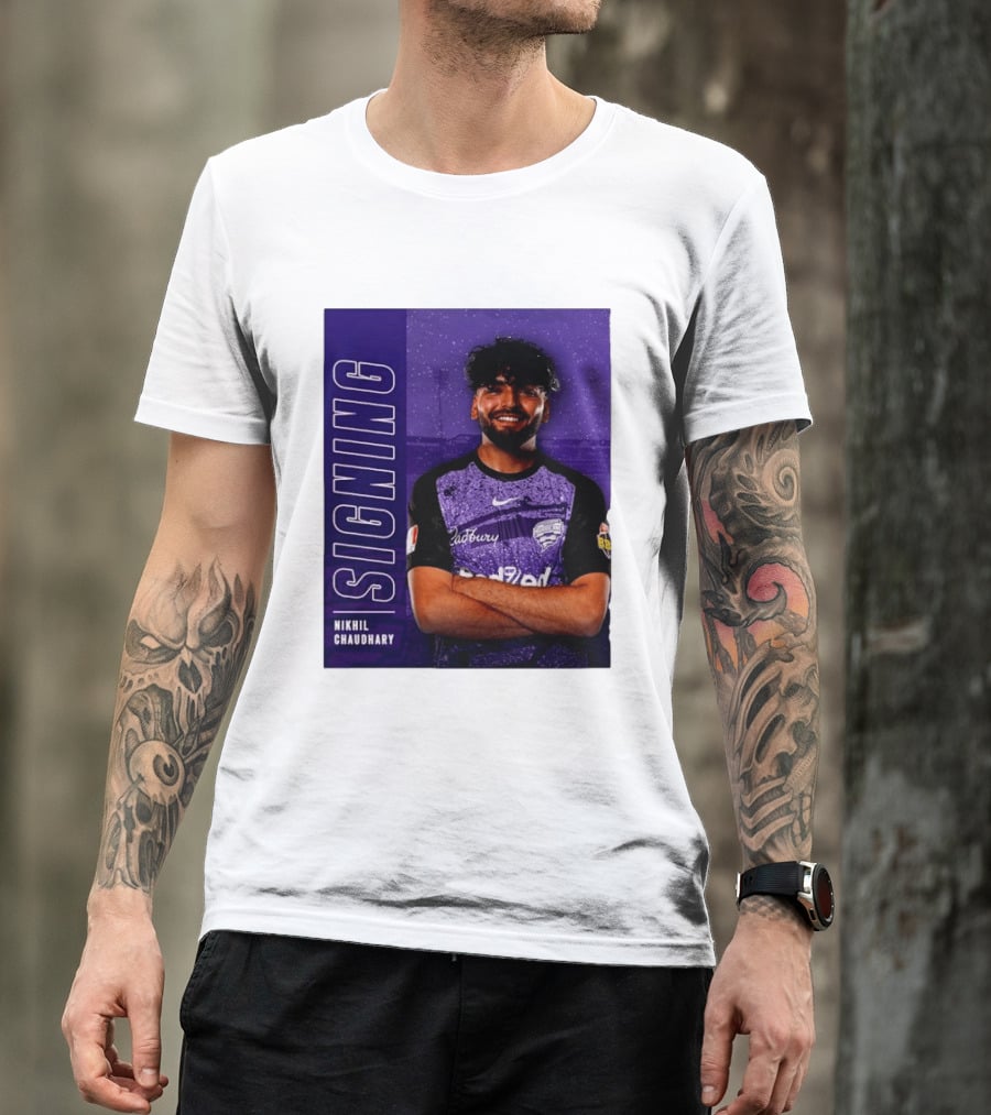 Nikhil Chaudhary Signing Hobart Hurricanes Cadbury BBL T-Shirt