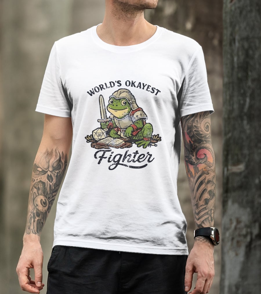 World's Okayest Fighter Frog In Armor With D20 Dice And Sword T-Shirt