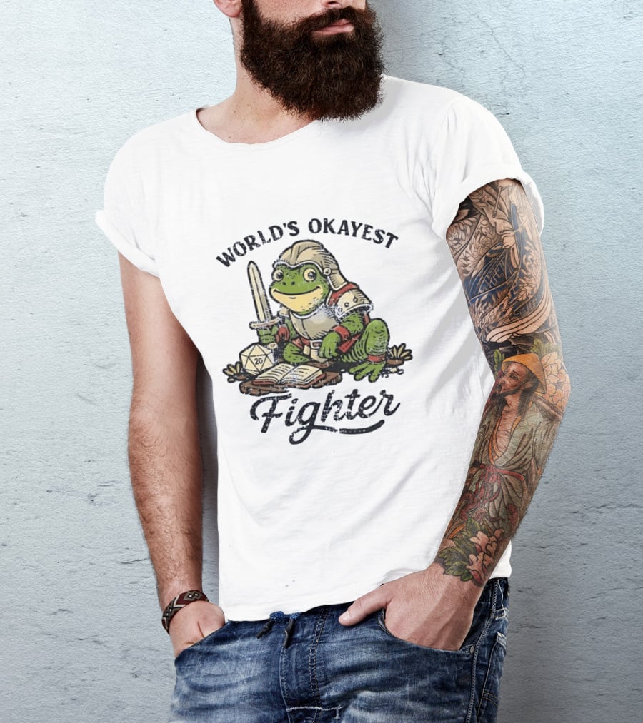 World's Okayest Fighter Frog In Armor With D20 Dice And Sword T-Shirt