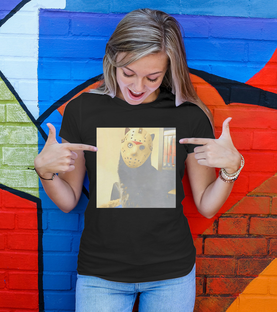 Black Cat In Horror Movie Jason Voorhees Mask T-Shirt