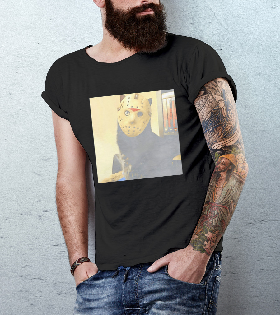 Black Cat In Horror Movie Jason Voorhees Mask T-Shirt