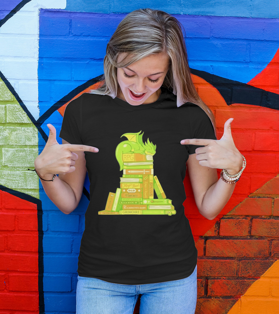 Sleeping Dragon On RPG Fantasy Magic Book Stack Grimoire Wizardry Tales T-Shirt