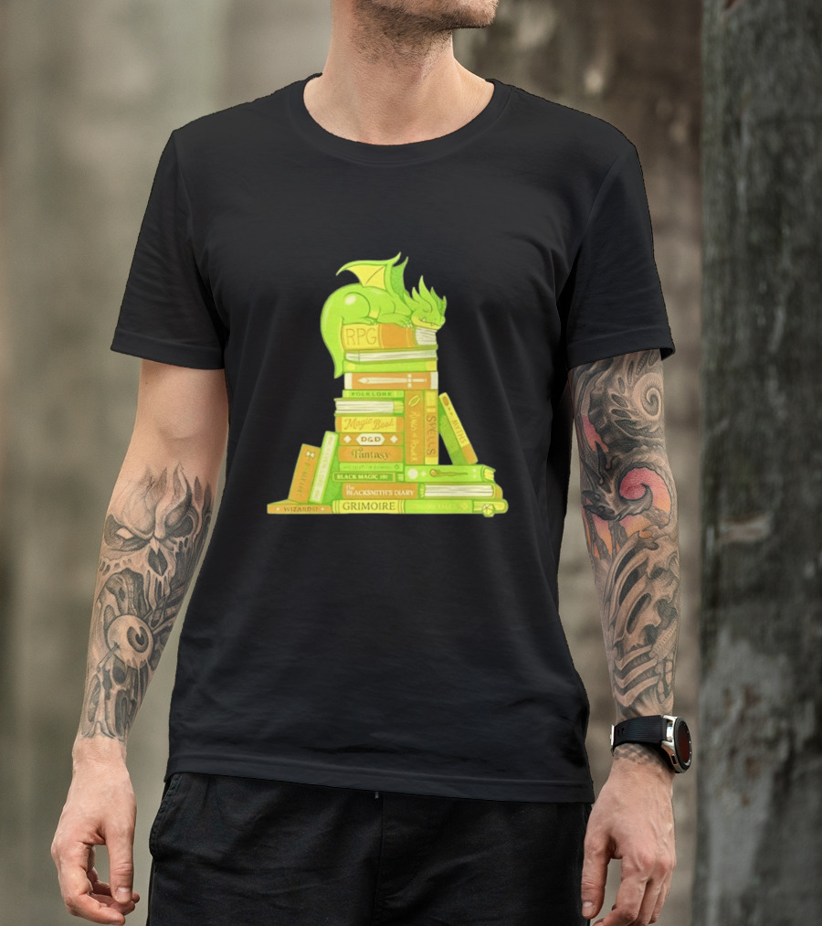 Sleeping Dragon On RPG Fantasy Magic Book Stack Grimoire Wizardry Tales T-Shirt