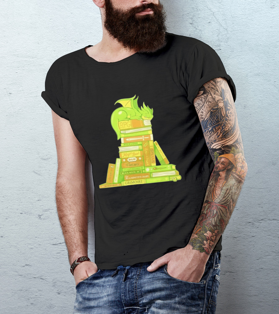 Sleeping Dragon On RPG Fantasy Magic Book Stack Grimoire Wizardry Tales T-Shirt