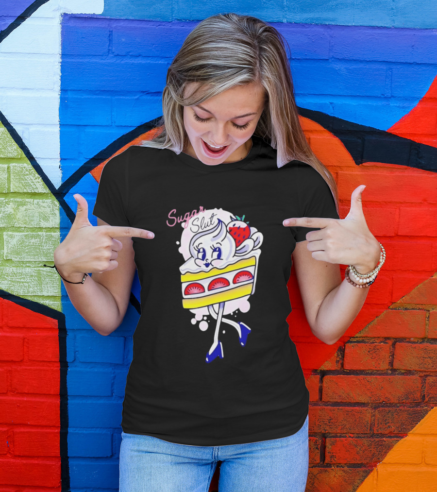 Sugar Slut Strawberry Cake Cartoon Slice With Whipped Cream And Berries T-Shirt